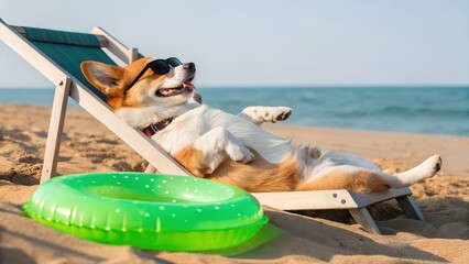 Funny animal portrait, Welsh Corgi dog relaxing in sunglasses on a beach lounge chair with green inflatable ring — summer vacation, humor and pet lifestyle concept