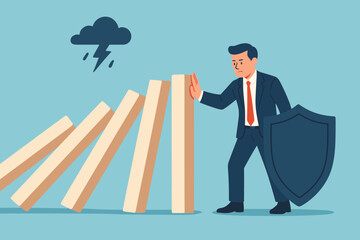 Businessman stops domino effect. Control risk in investment crisis concept. Failure prevention, protection, solution to problem. Stop chain reaction. Financial insurance metaphor.
