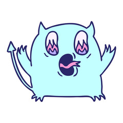 freehand drawn cartoon of cute kawaii red demon in bright neon color