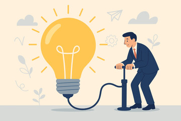 Businessman pumps up a lightbulb, a metaphor for creating new ideas. Creativity and innovation to solve problems. Idea development, invention, imagination and motivation.