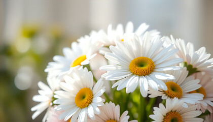Obraz premium Fresh daisy bouquet bathed in soft sunlight, showcasing delicate pastel petals.