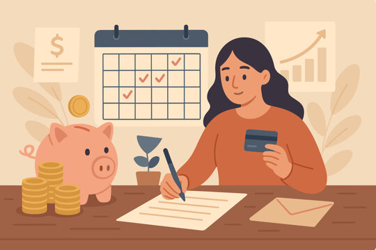 Financial planning and budgeting concept. Woman managing monthly expenses, paying bills, saving money, using credit card, tracking payments, personal finance, investment strategy