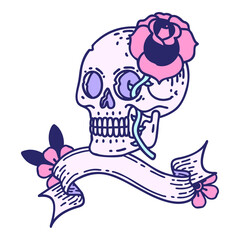 traditional tattoo with banner of a skull and rose in bright neon color