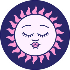 iconic tattoo style image of a sun with face in bright neon color