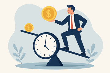 Time value of money concept. Businessman investor balancing on clock seesaw with gold coins. Inflation, earning cost, present versus future value, financial investment strategy