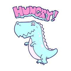 freehand drawn cartoon hungry dinosaur in bright neon color