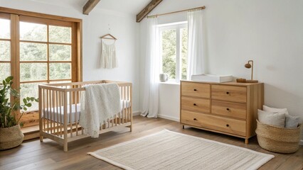 Clean Minimalist Baby Bedroom with Natural Wood Furniture, White Walls, and Cozy Nursery Decor