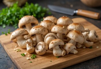 Fototapeta premium Fresh champignon mushrooms displayed on a wooden cutting board, kitchen countertop setting with knife and herbs.