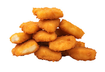 Crispy golden chicken nuggets are stacked high on a black background.transparent PNG, isolated background