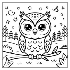 A cute and kawaii coloring page illustration of an owl, kid-friendly