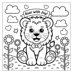 Cute cartoon lion coloring page with flowers and clouds, kid-friendly