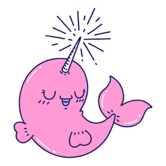 illustration of a traditional tattoo style happy narwhal in bright neon color © lineartestpilot