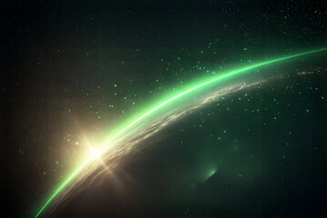 Fototapeta premium Photo of a luminous green arc of light curves through the vast expanse of space, highlighting distant galaxies and shimmering stars
