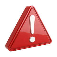 Photo of a glossy red triangular warning sign with a white exclamation mark is isolated on a plain transparent background
