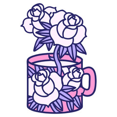 iconic tattoo style image of a cup and flowers in bright neon color