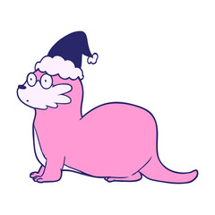 hand drawn line drawing of a otter wearing santa hat in bright neon color
