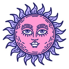 iconic tattoo style image of a sun with face in bright neon color
