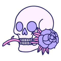 iconic tattoo style image of a skull and rose in bright neon color