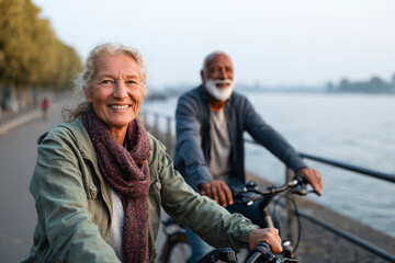 Obraz premium Senior Couple Enjoying a Bike Ride by the River