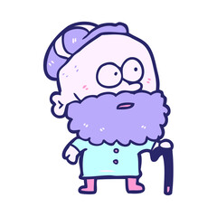 old cartoon man with walking stick and flat cap in bright neon color