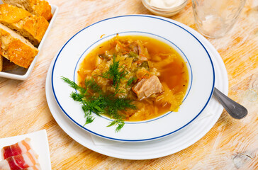 Appetizing Russian dish Shchi - sour cabbage soup served in bowl