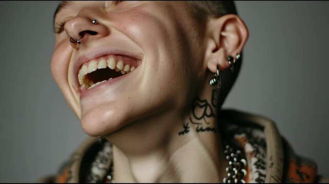 Young gender fluid person laughing with piercings and tattoos