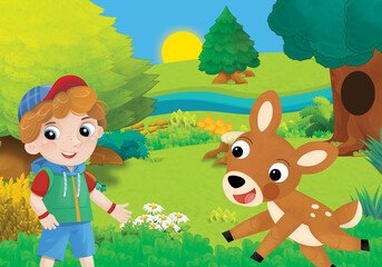 Obraz premium cartoon scene with kid boy near forest animal illustration for children