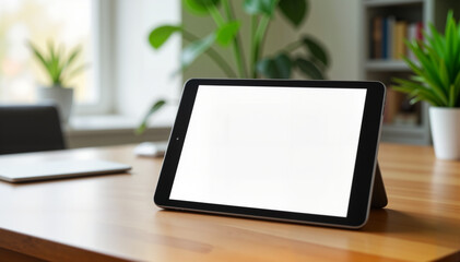 Minimalist tablet with blank screen on wooden desk, indoor workspace, modern and clean aesthetic, concept of technology and productivity, office supplies, digital marketing.