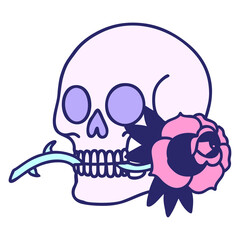 tattoo in traditional style of a skull and rose in bright neon color