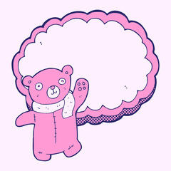 cartoon bear in front of cloud with space for text in bright neon color
