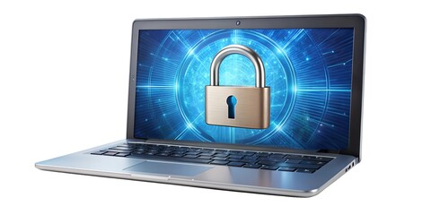Black laptop with a digital padlock on the screen, symbol of cyber security