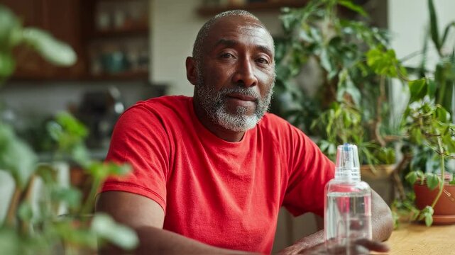 A man in a vivid red shirt stands by a kitchen table holding an incentive spirometer while seated. The calming ambiance includes green plants in the background emphasizing a nurturing