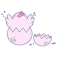 cartoon chick hatching from egg in bright neon color