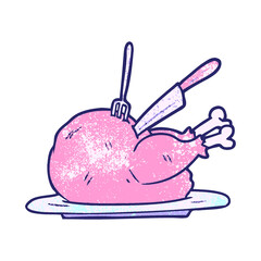 cartoon cooked turkey being carved in bright neon color