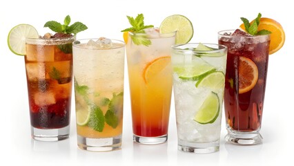 Set of colorful cocktails including Cuba Libre, Mojito, Tequila Sunrise, and more in transparent PNG format. Highball glasses with garnish. Ideal for bar menu, drink mockups, and designs.