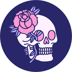 iconic tattoo style image of a skull and rose in bright neon color