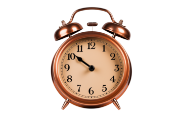 Antique bronze alarm clock shows almost ten o'clock on a black background.transparent PNG, isolated background