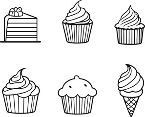 Dessert icons set 3, minimalist line art symbols cake, cupcake, muffin, ice-cream, on white isolated background 2.eps