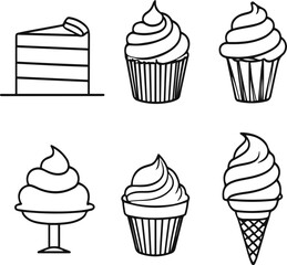 Dessert icons set 3, minimalist line art symbols cake, cupcake, muffin, ice-cream, on white isolated background.eps