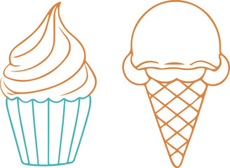 Dessert icons set, minimalist line art symbols cake, cupcake, muffin, ice-cream, on white isolated background.eps