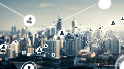 Social network connections overlaying a cityscape, representing global links - Powered by Adobe