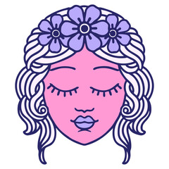 iconic tattoo style image of a maidens face in bright neon color