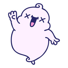 cartoon of a cute halloween ghost waving in bright neon color