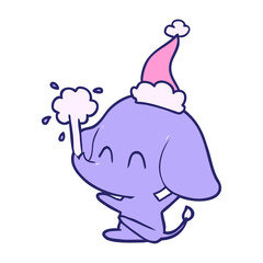cute hand drawn line drawing of a elephant spouting water wearing santa hat in bright neon color