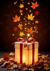Fototapeta premium Thanksgiving A4 Gift box surrounded by autumn leaves with glowing sparks above 