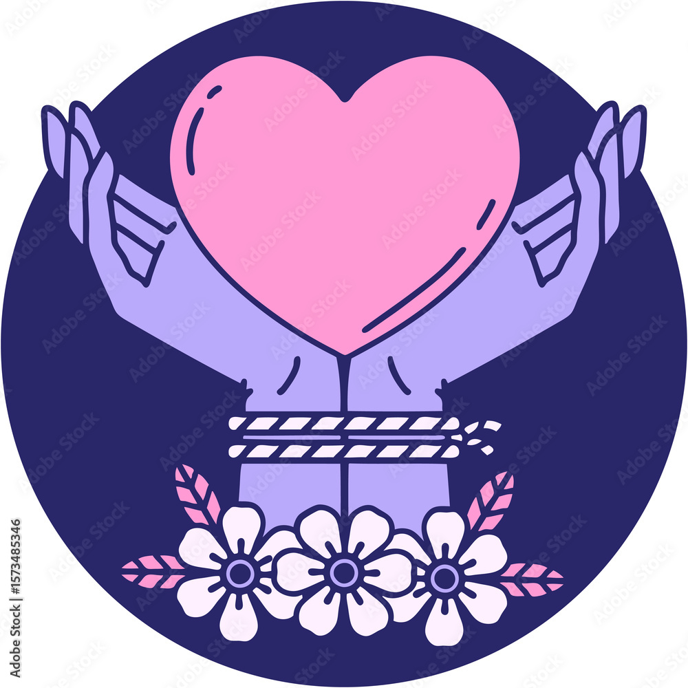 Wall mural iconic tattoo style image of tied hands and a heart in bright neon color