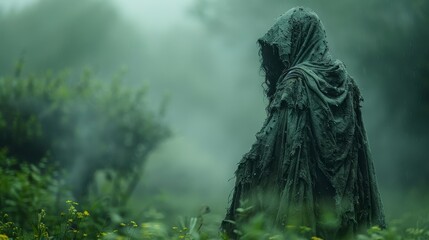 Cloaked figure stands in a hazy green field, draped in tattered fabric