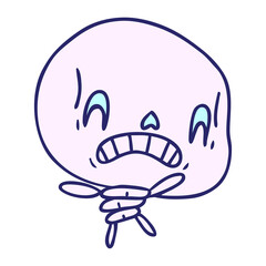 freehand drawn cartoon of spooky kawaii skeleton in bright neon color
