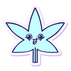 sticker of a cute cartoon marijuana leaf in bright neon color
