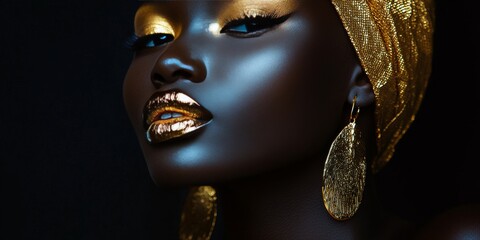 Golden Elegance Art Portrait of a Charming African Woman Adorned in Luxurious Fashion Jewelry